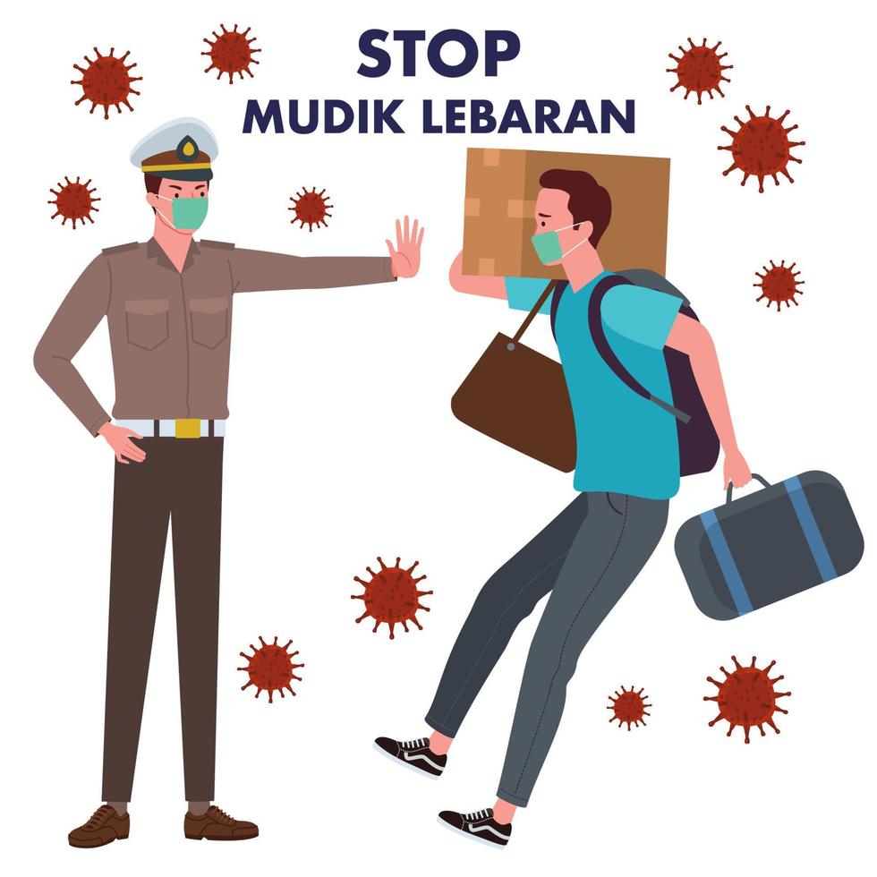 ett indonesiska polis förbjöd en man vem ville ha till lämna tillbaka till deras hemstad eller kallad mudik i indonesiska i de mitten av coronavirus pandemisk. vektor