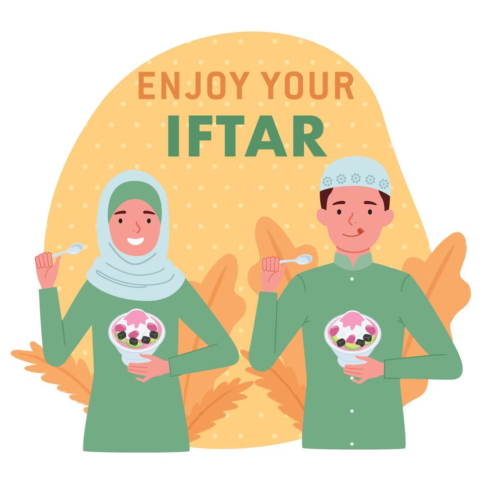 Muslim Frauen tragen Hijab und Muslim Männer sind genießen ein Dessert wann brechen das schnell oder namens Iftar. iftar ist das Abend Mahlzeit mit welche Muslime Ende ihr Täglich Ramadan schnell beim Sonnenuntergang. vektor