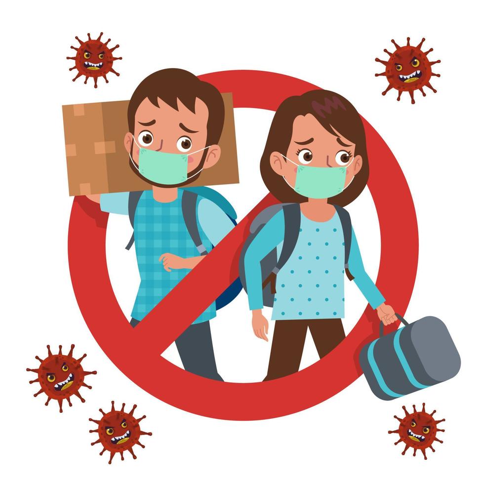 ein Verbot Beschilderung zum jene Wer wollen zu Rückkehr zu ihr Heimatort oder namens Mudik im Bahasa Indonesien, während das Coronavirus Pandemie. ein Mann und Frau tragen Masken und Tragen Gepäck und Kasten. vektor