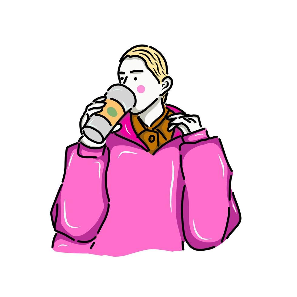 Vektor Illustration Design von ein Frau Trinken Kaffee mit ein Rosa Sweatshirt