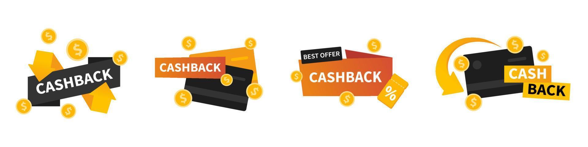 Vektor einstellen mit Cashback Etiketten. Geschäft Kasse zurück Symbol Sammlung. Rückkehr von Geld von Einkäufe. modern Cashback Brötchen.