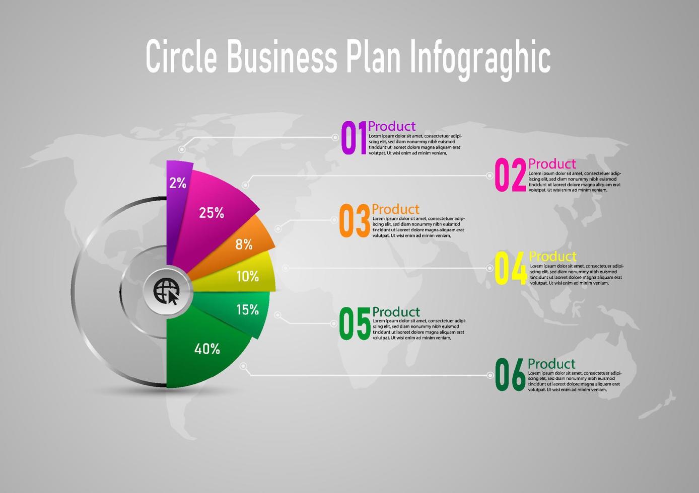infographic cirkel företag begrepp alternativ siffra procentsats, planen, produkt, diagram, marknadsföring grå lutning bakgrund vektor