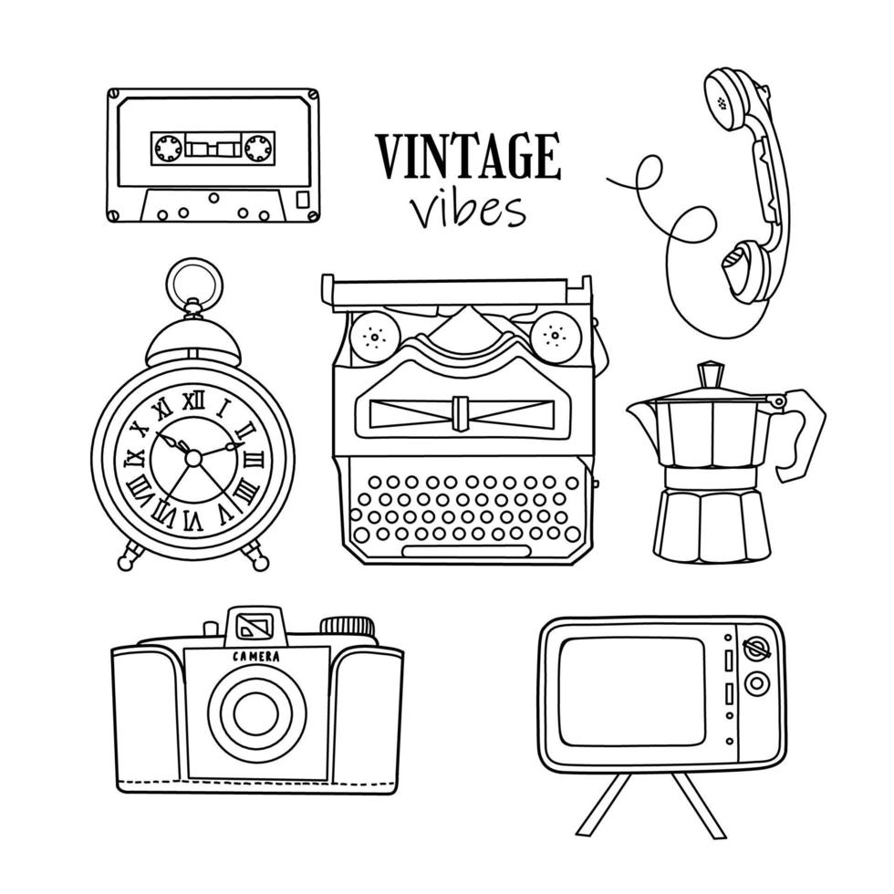 Färbung Buchseite. Hand gezeichnet Jahrgang Objekte Sammlung. retro Stil Satz. Film Kamera, Schreibmaschine, Kamera, Std, Kaffee Kaffeemaschine, Telefon, Fernseher, Kassette. Jahrgang Illustration im linear Stil vektor