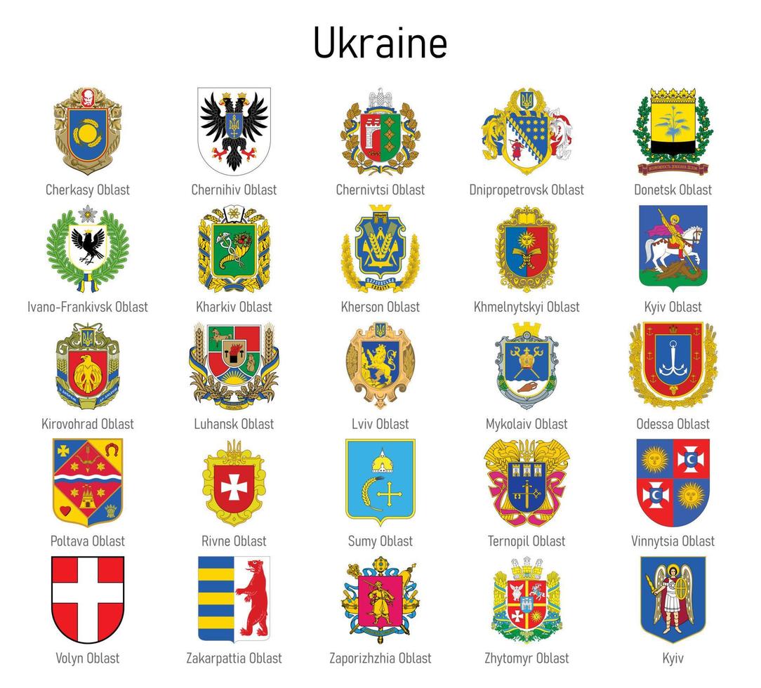 Mantel von Waffen von das Oblast von Ukraine, alle ukrainisch Regionen Emblem vektor