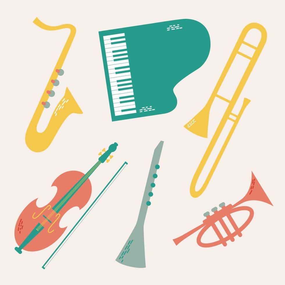 Vektor einstellen von Musical Jazz Instrumente gezeichnet im Karikatur eben Stil. isoliert auf Beige Hintergrund groß Band Orchester - - Klavier, Wind Trompete, Saxophon, Klarinette, Posaune.