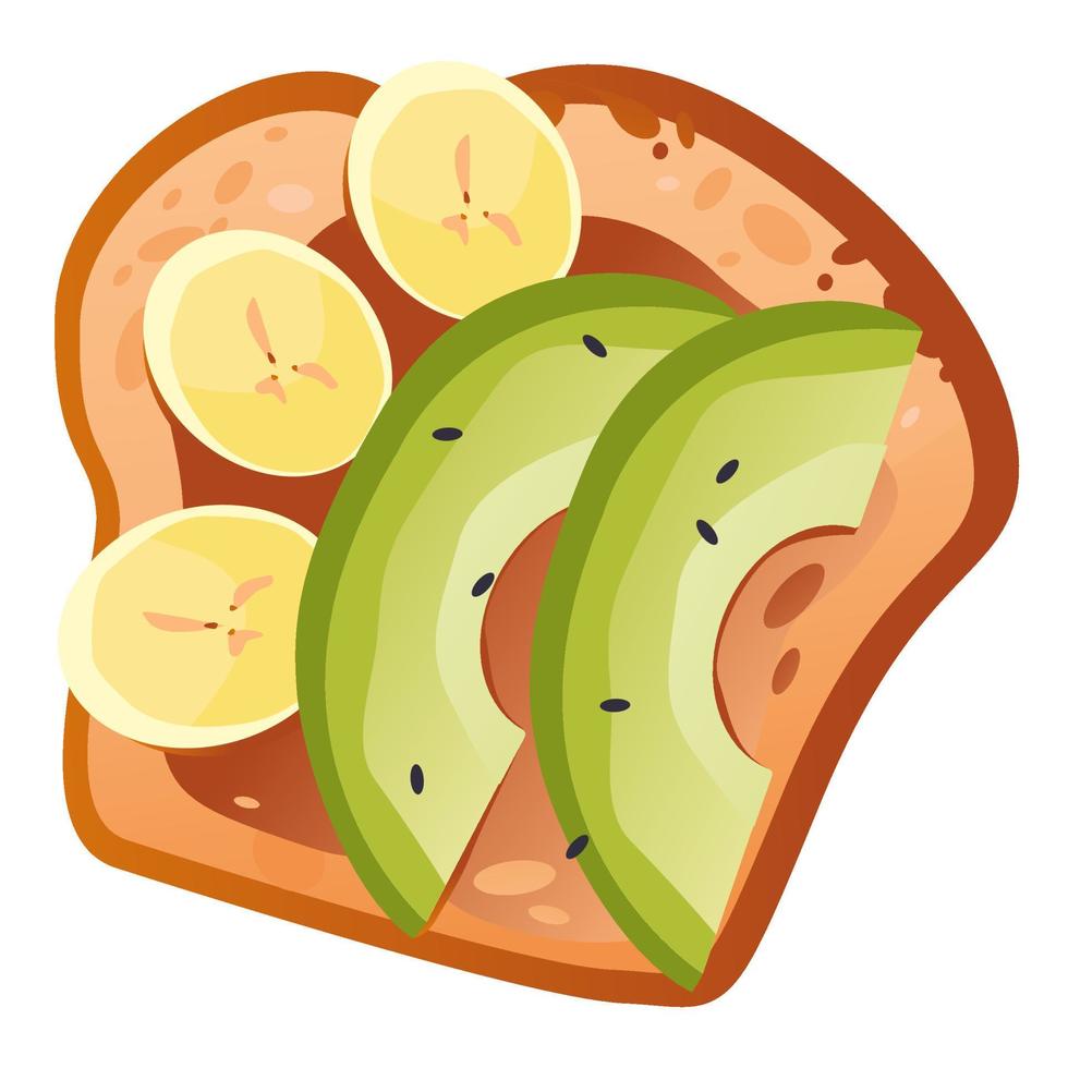 Obst Sandwich. Brot mit Avocado und Bananen. gesund Frühstück. Karikatur Vektor Illustration.