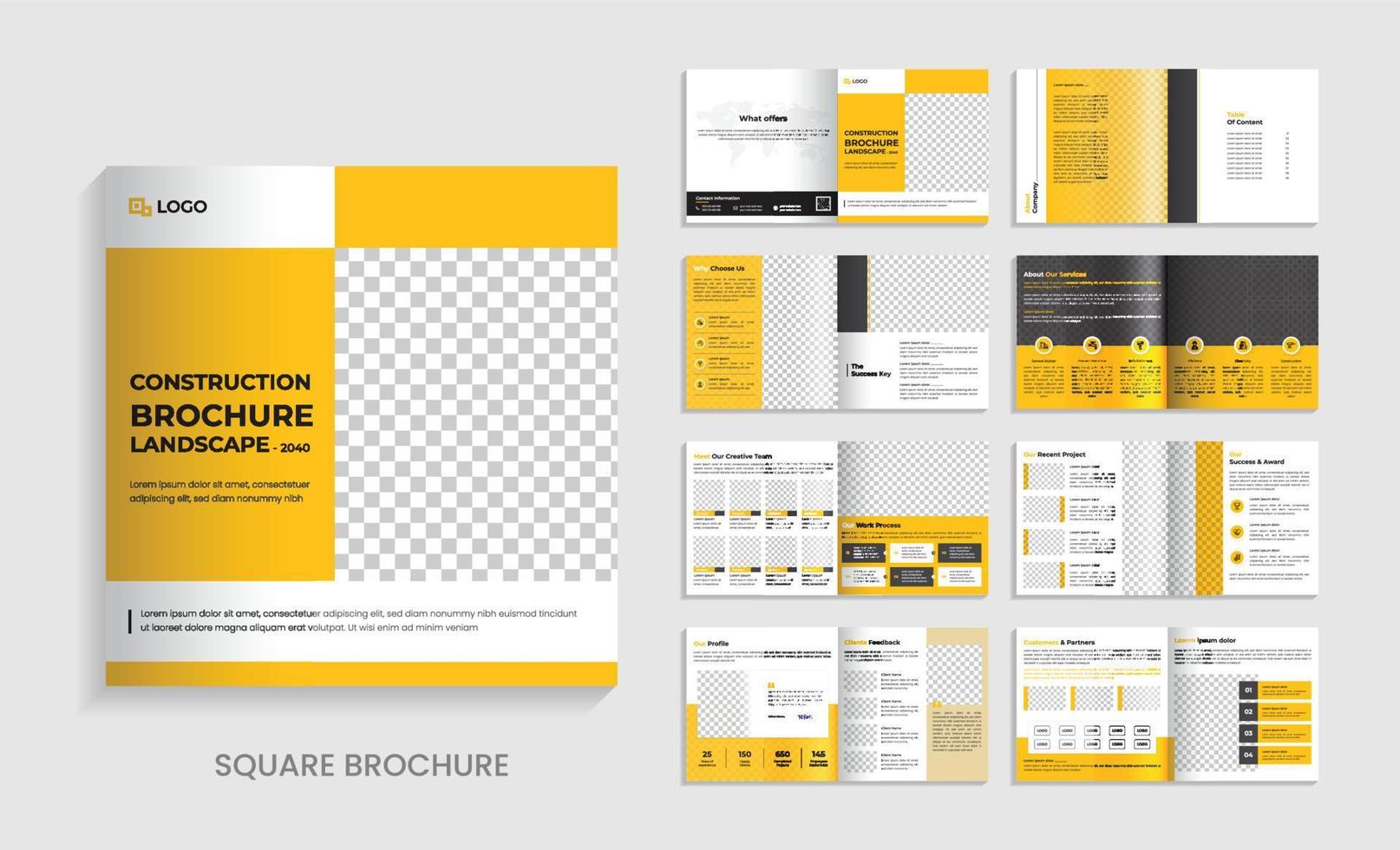 konstruktion företag profil fyrkant broschyr, arkitektur portfölj interiör portfölj, vektor landskap portfölj.