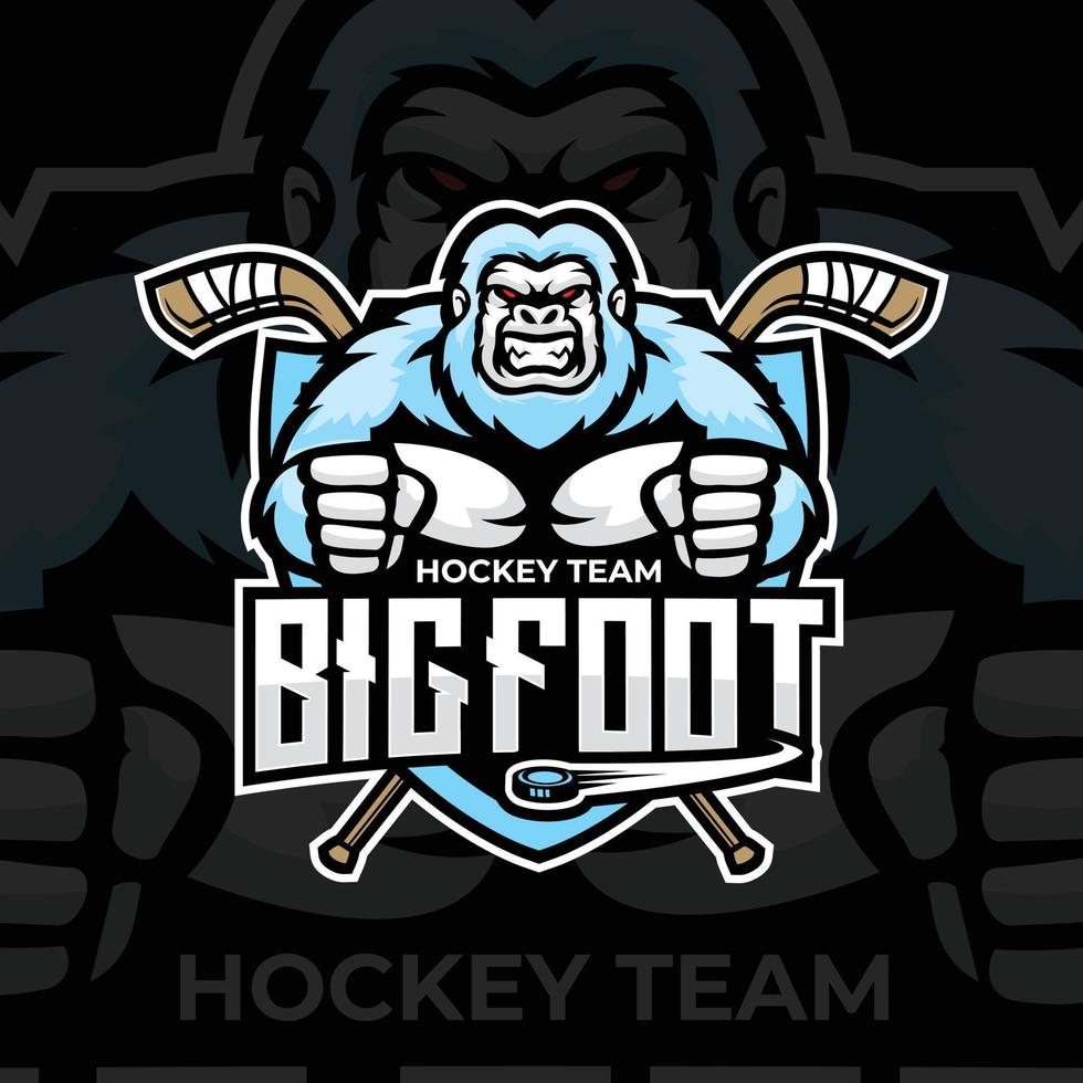 Yeti Maskottchen Logo zum das Eis Eishockey Mannschaft Logo. Vektor Illustration. mit ein Kombination von Schilde Abzeichen, Puck und Eis Eishockey Stock