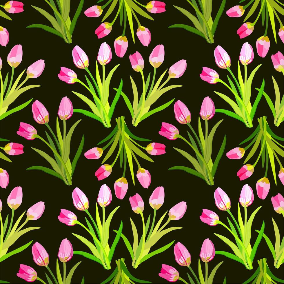 vektor sömlös blommig mönster med rosa tulpaner på mörk bakgrund.