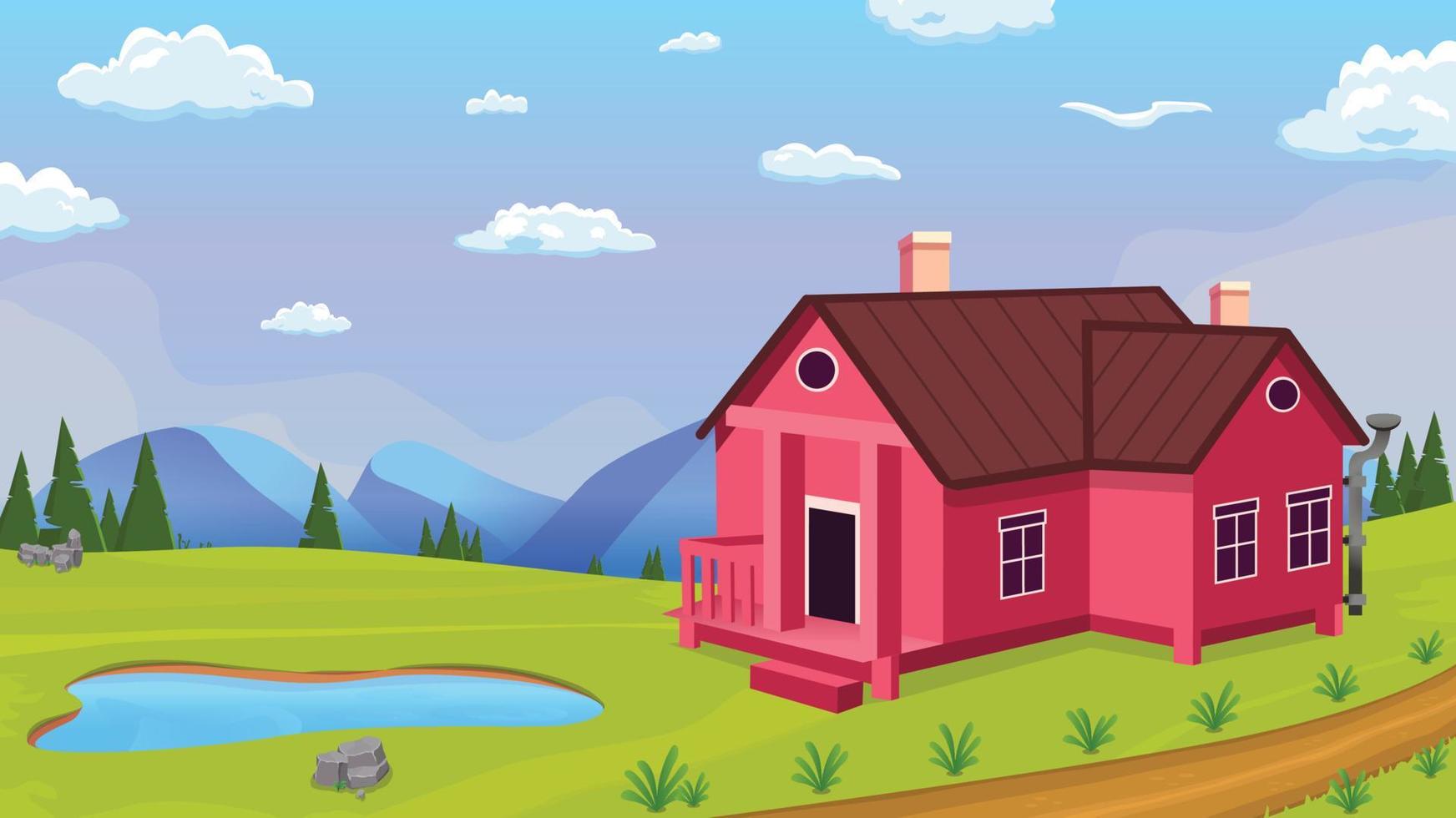 vektor landsbygden tecknad serie bakgrund illustration med hus, sjö, träd, fjäll, himmel, väg