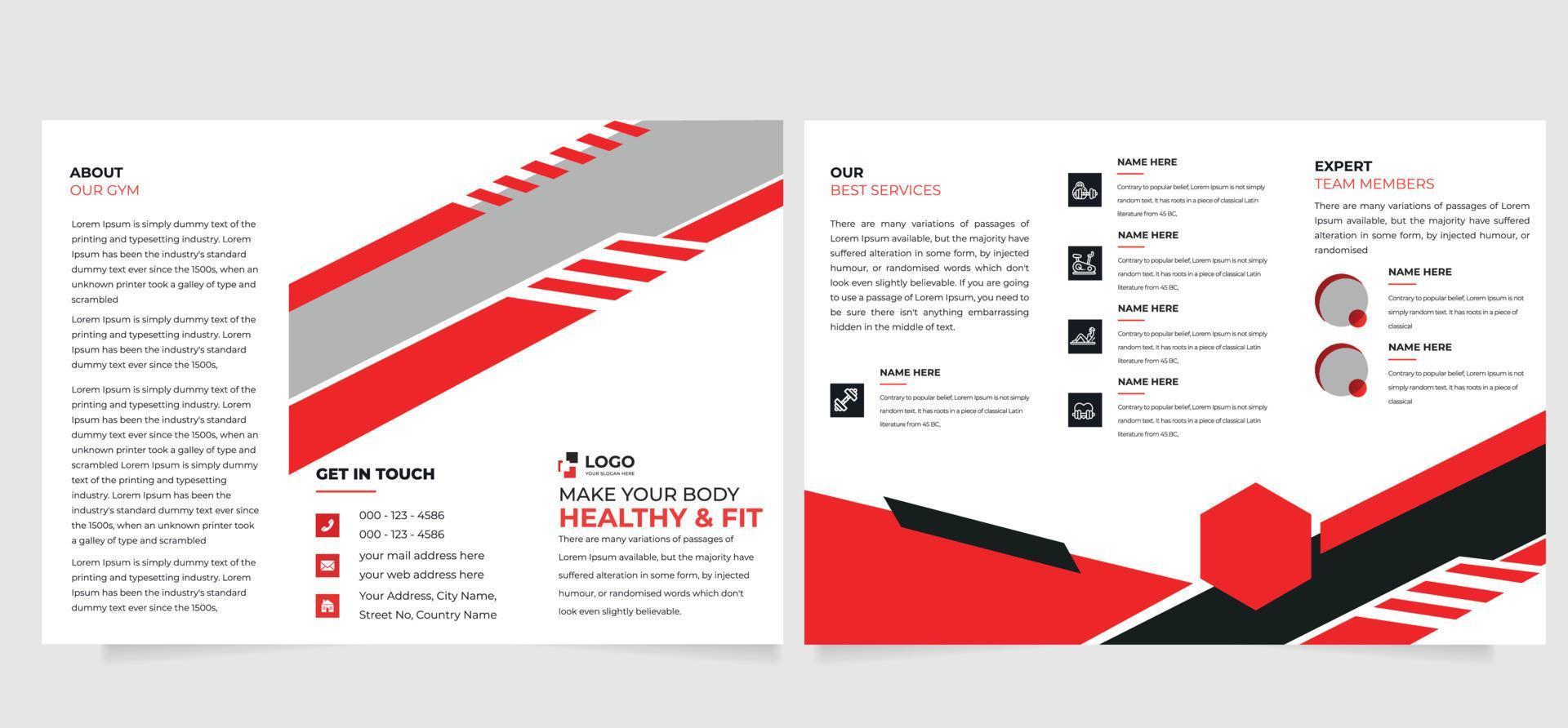 kondition Gym trifold broschyr design mall, modern omslag broschyr flygblad design mall. layout med modern Foto och abstrakt bakgrund. kreativ begrepp vikta flygblad vektor