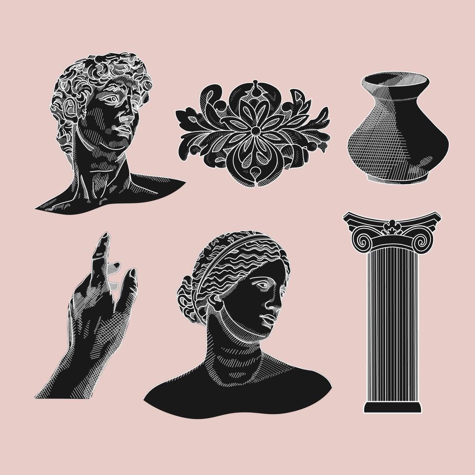 antik statyer, sätta dit, pelare, amfora, kolumn. annorlunda objekt. mytisk, gammal grekisk eller roman stil. hand dragen skulptur illustration. klassisk statyer i modern stil. collage konst element vektor