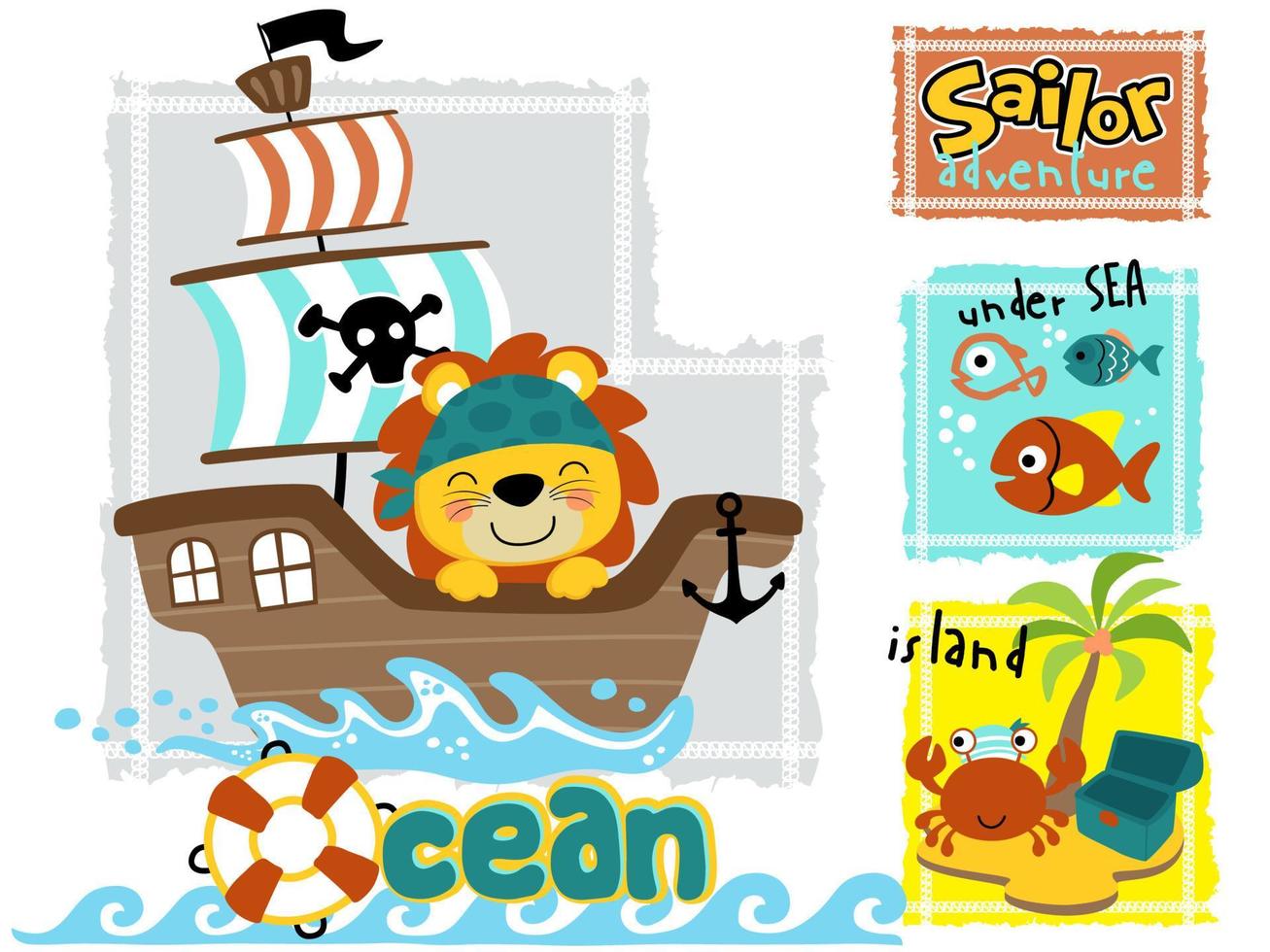 komisch Löwe Karikatur auf Segelboot mit Marine Tiere, Pirat Element Illustration vektor