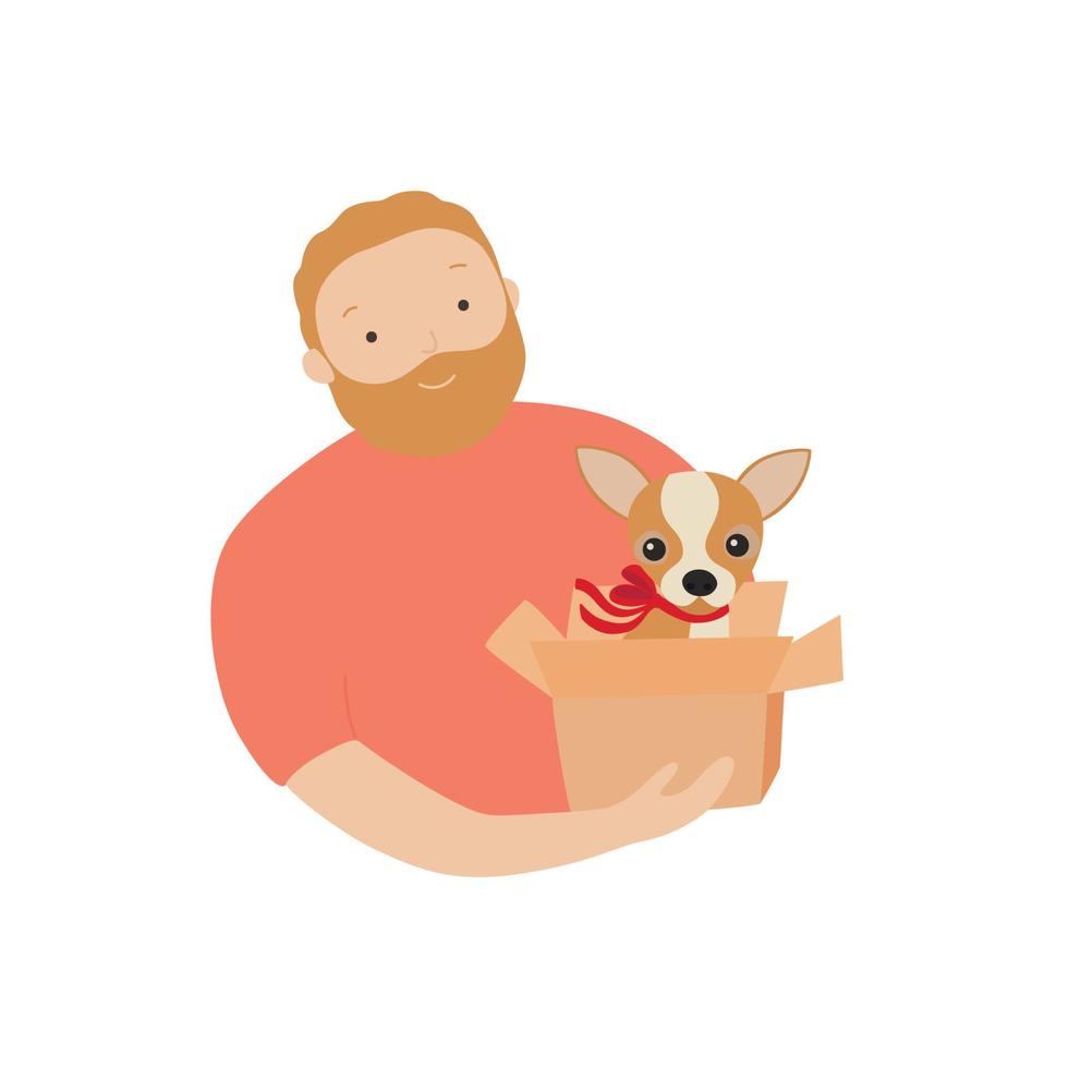 Mann mit das Hund im Geschenk Kasten. Vektor Illustration