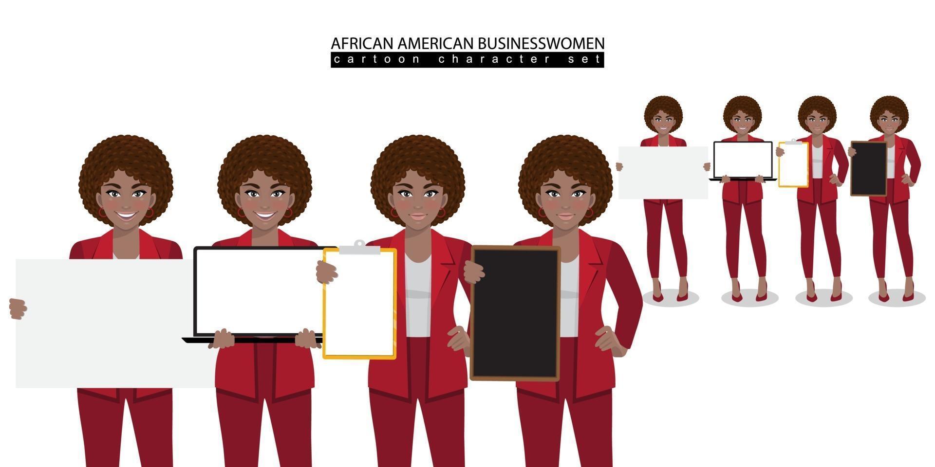 afroamerikansk affärskvinnatecknad karaktär i olika poser isolerad vektorillustration vektor