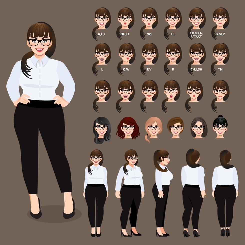 Zeichentrickfigur mit Plus Size Geschäftsfrau im weißen Hemd für Animation. Vorderseite, Seite, Rückseite, 3-4 Ansichtscharakter. Körperteile trennen. Vektorillustration vektor
