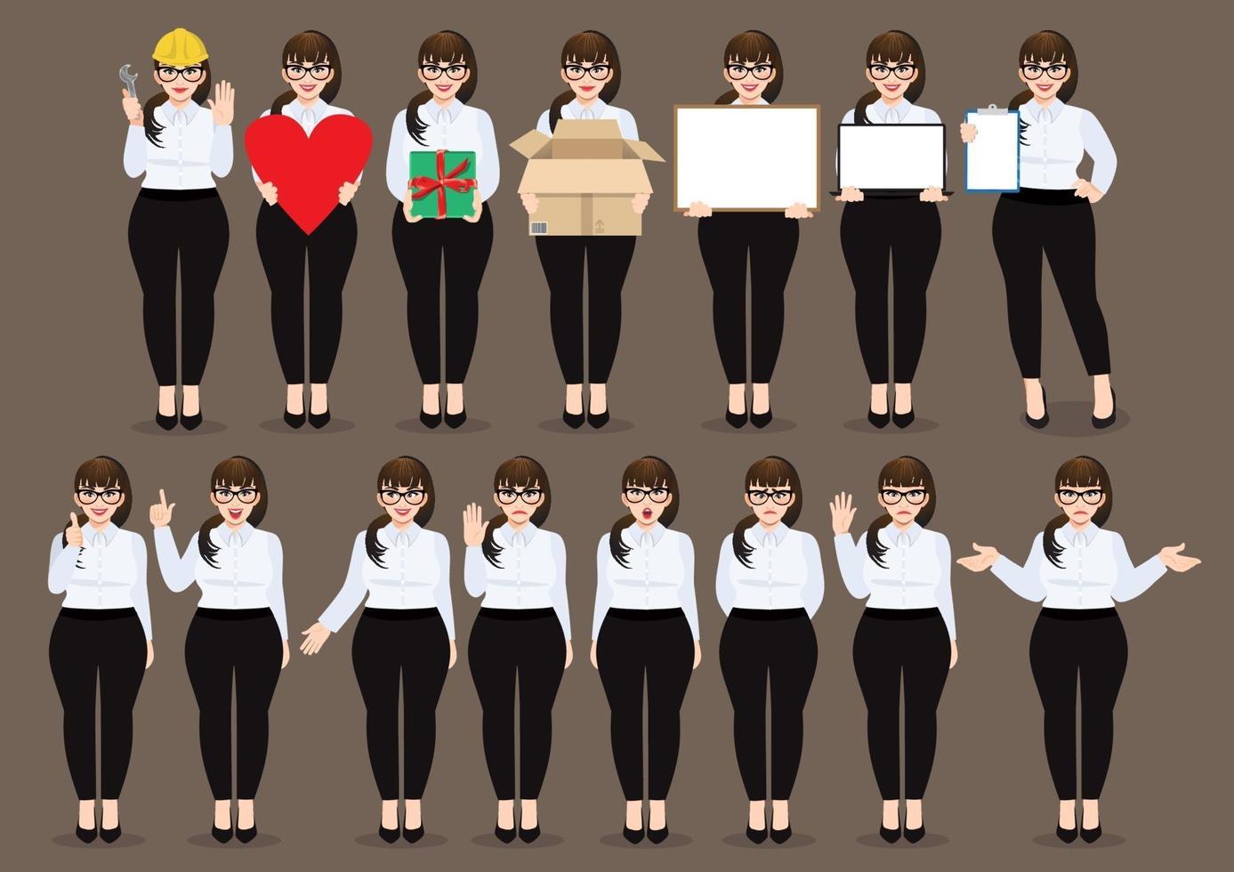 Plus Size Geschäftsfrau Cartoon Zeichensatz. schöne Geschäftsfrau im weißen Hemd des Bürostils. Vektorillustration vektor