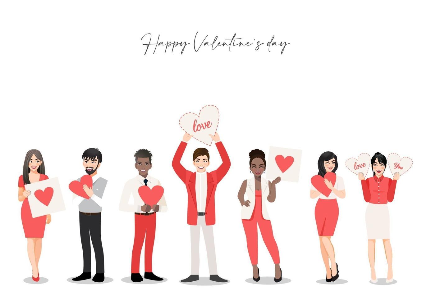 Zeichentrickfigur mit Menschengruppe, die Herzen hält. Valentinstag Festival. Liebe und freiwillige Vektorillustration vektor