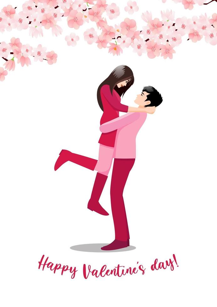 Mann, der Freundin auf weißem Hintergrund trägt und Blume verziert. Valentinstag Festival Vektor-Illustration vektor