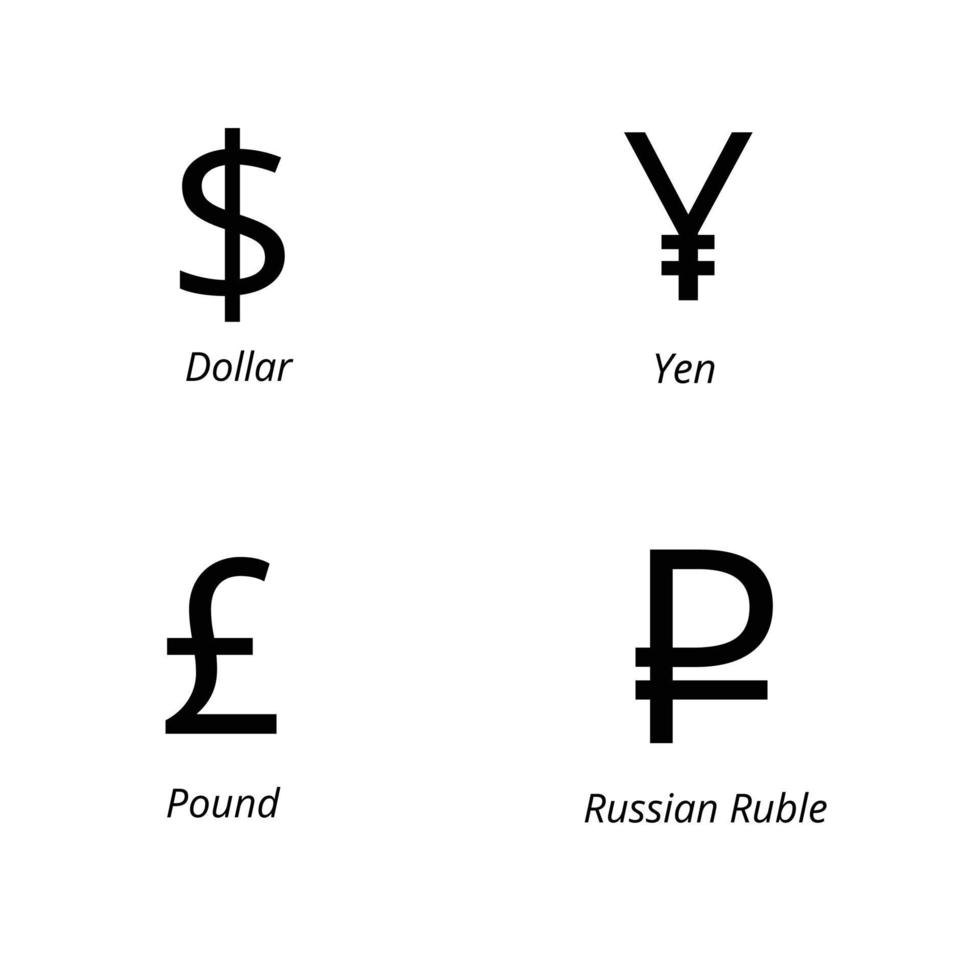 dollar, pund, rubel, yuan symbol silhuett vektor