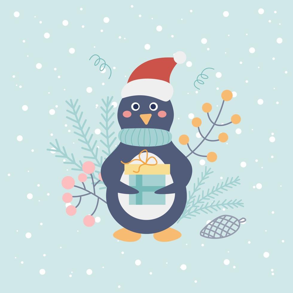 söt pingvin i en santa hatt med en gåva på en ljus bakgrund med snöflingor och dekorativa element. julkort, affisch, barnillustration, vinter. vektor platt stil