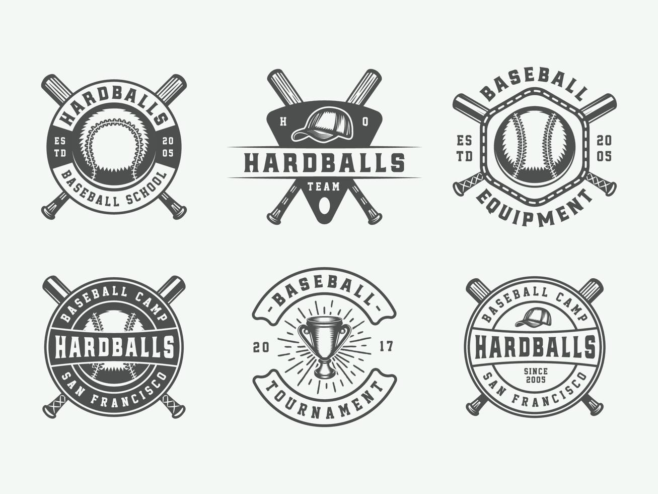 Jahrgang Baseball Sport Logos, Embleme, Abzeichen, Zeichen, Etiketten. einfarbig Grafik Kunst. Vektor Illustration.