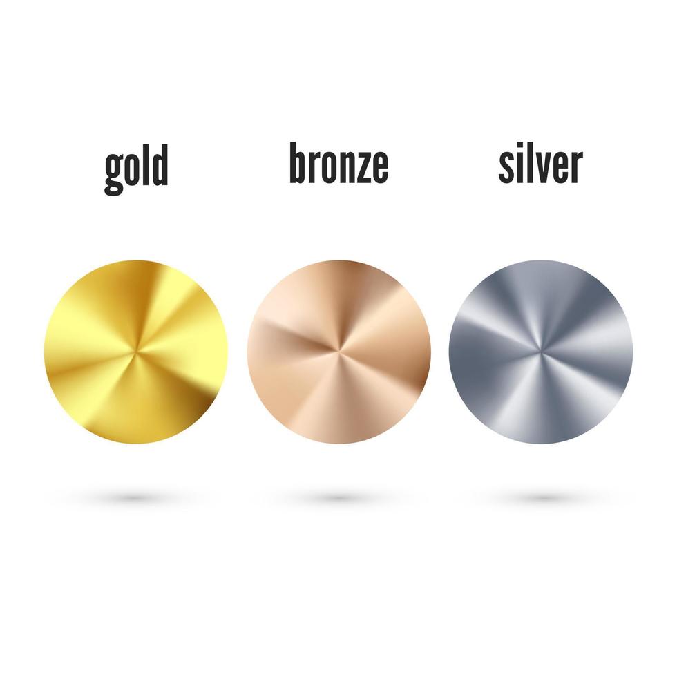 golden Silber und Bronze- radial Gradient Satz. realistisch metallisch vereiteln. Sammlung von glänzend Bronze- silbrig und Gold Muster. Vektor Illustration