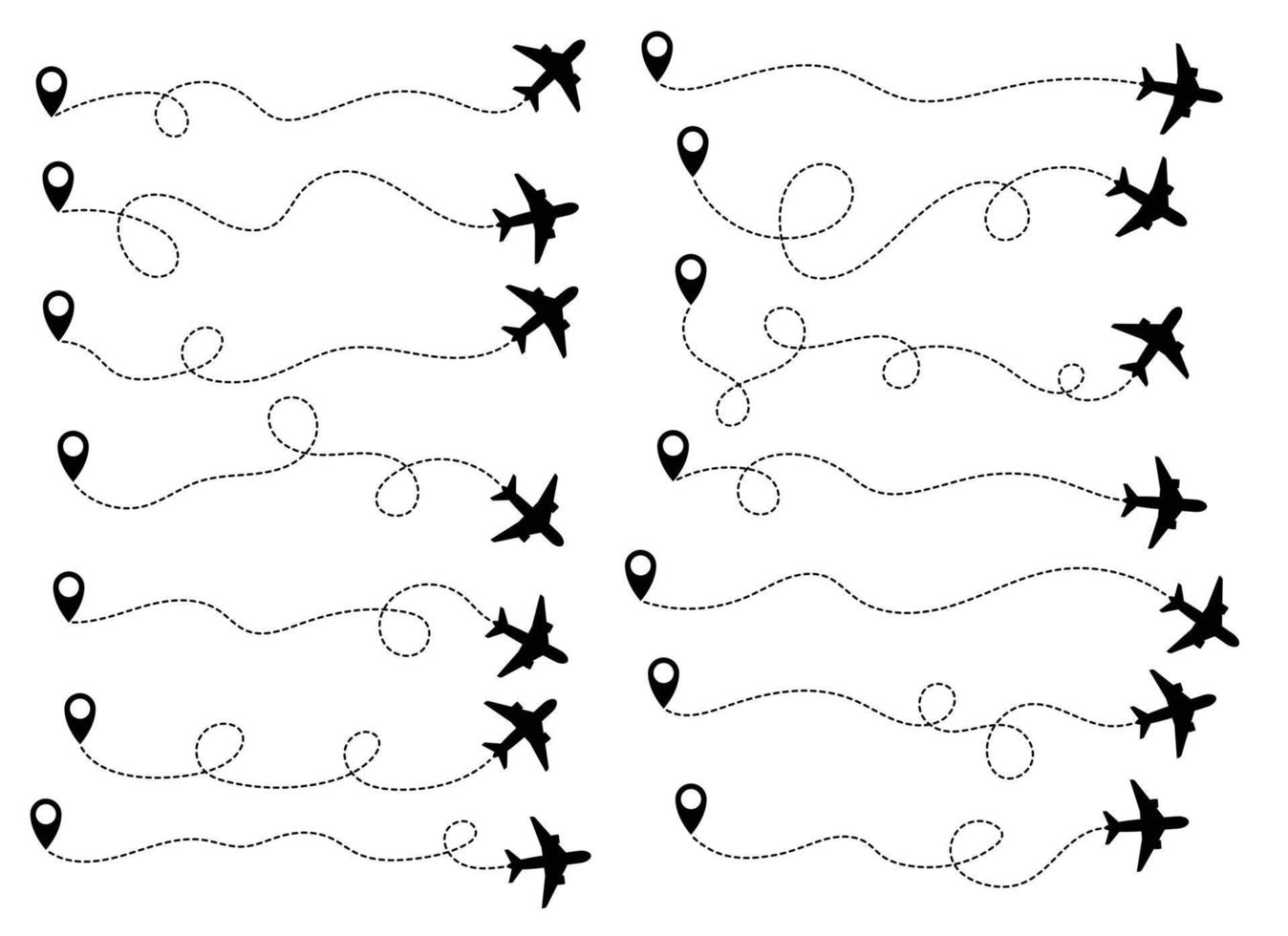 Flugzeug Reise Pfad einstellen Vektor Illustration isoliert auf Weiß