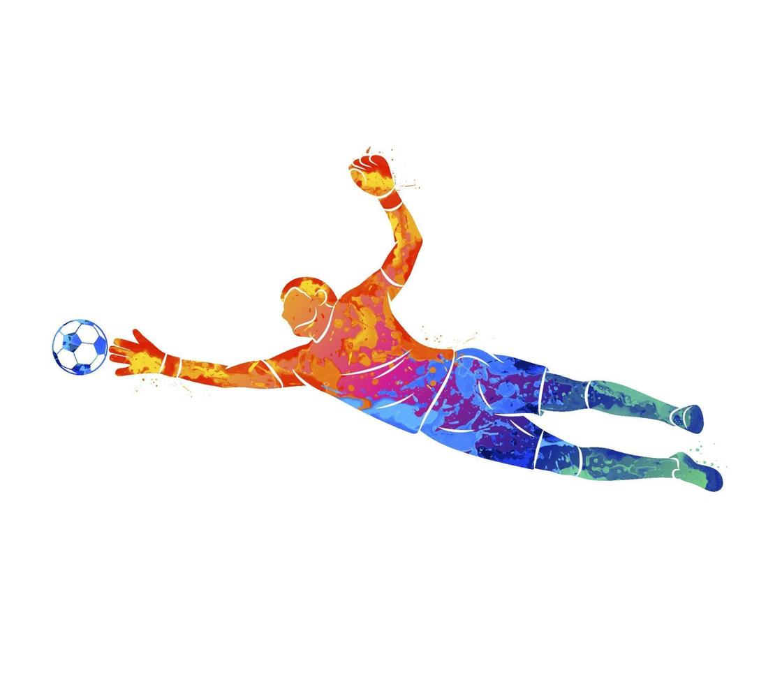 abstrakt fotboll målvakt hoppar för bollen fotboll från ett stänk av akvareller. vektor illustration av färger