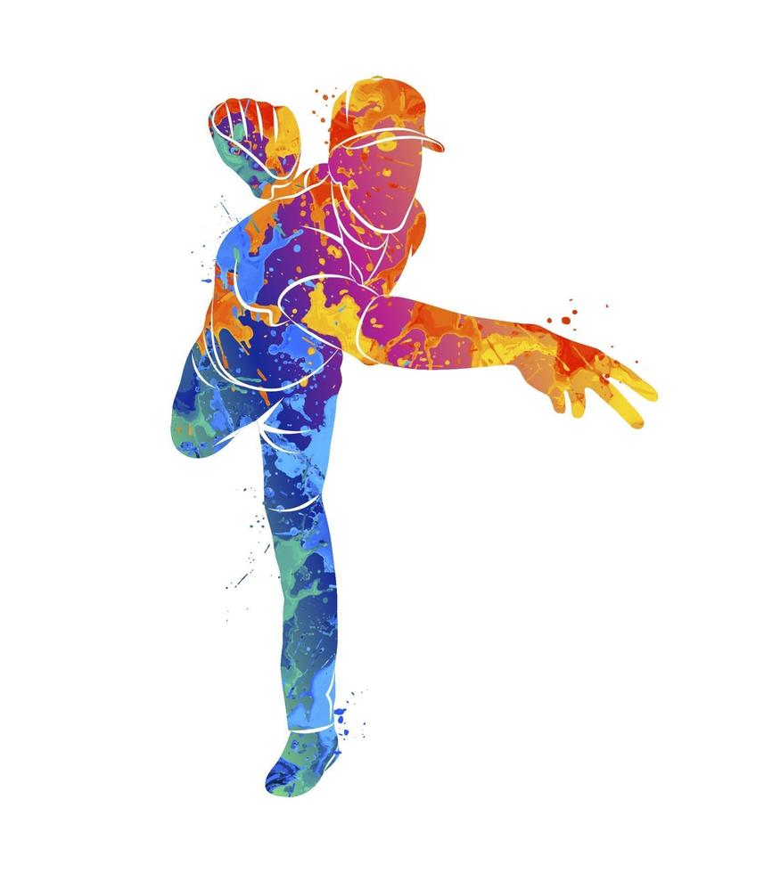 abstrakt basebollspelare som slår bollen från stänk av akvareller. vektor illustration av färger