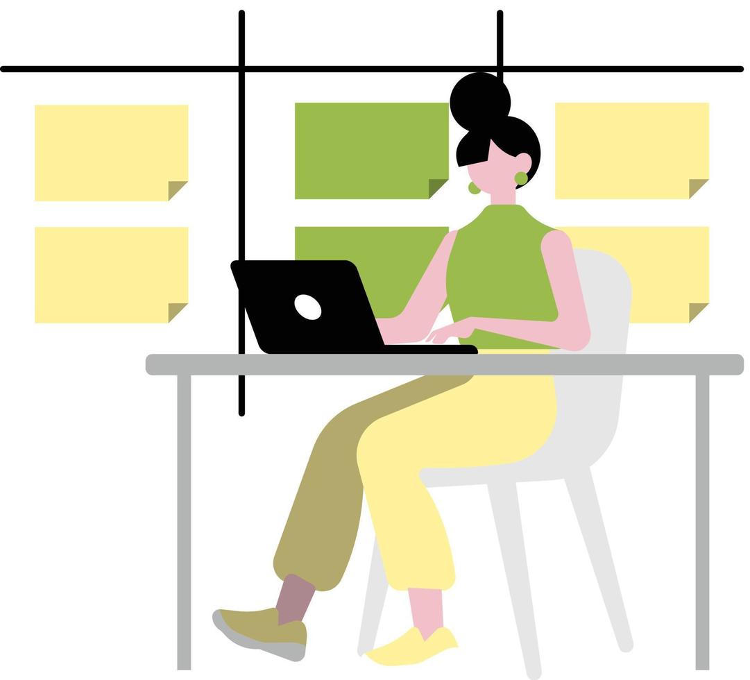 Frau Arbeiten auf Laptop im Büro. Vektor Illustration im eben Stil.
