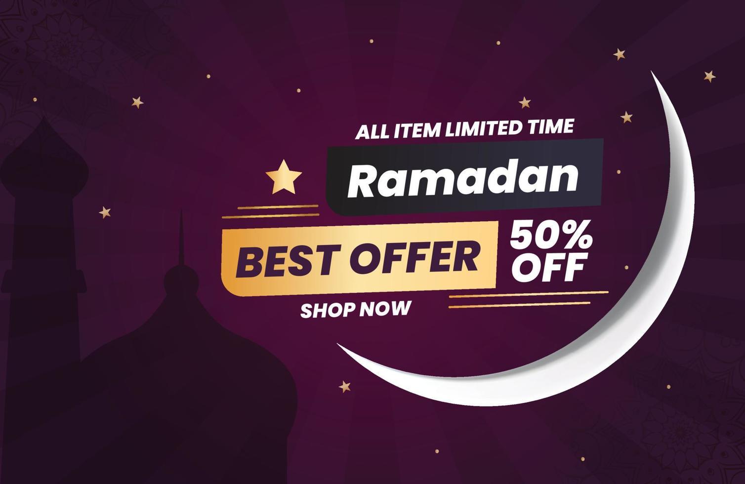 Ramadan Beste Angebot mit 50 aus alle Artikel und Sozial Medien islamisch Thema, Halbmond Mond und Sterne. vektor