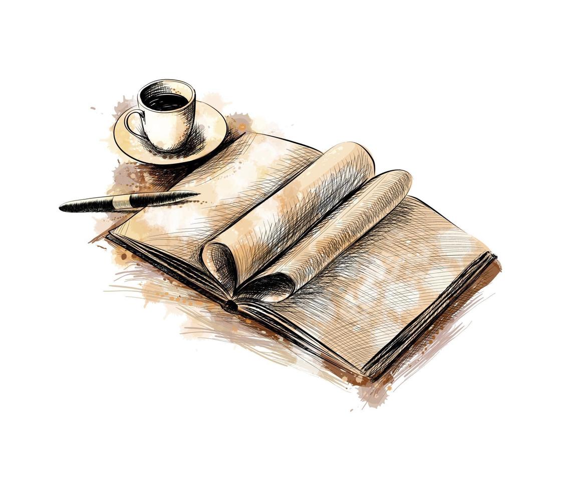 Tasse Kaffee und ein Buch mit einem Stift aus einem Spritzer Aquarell, handgezeichnete Skizze. Vektorillustration von Farben vektor