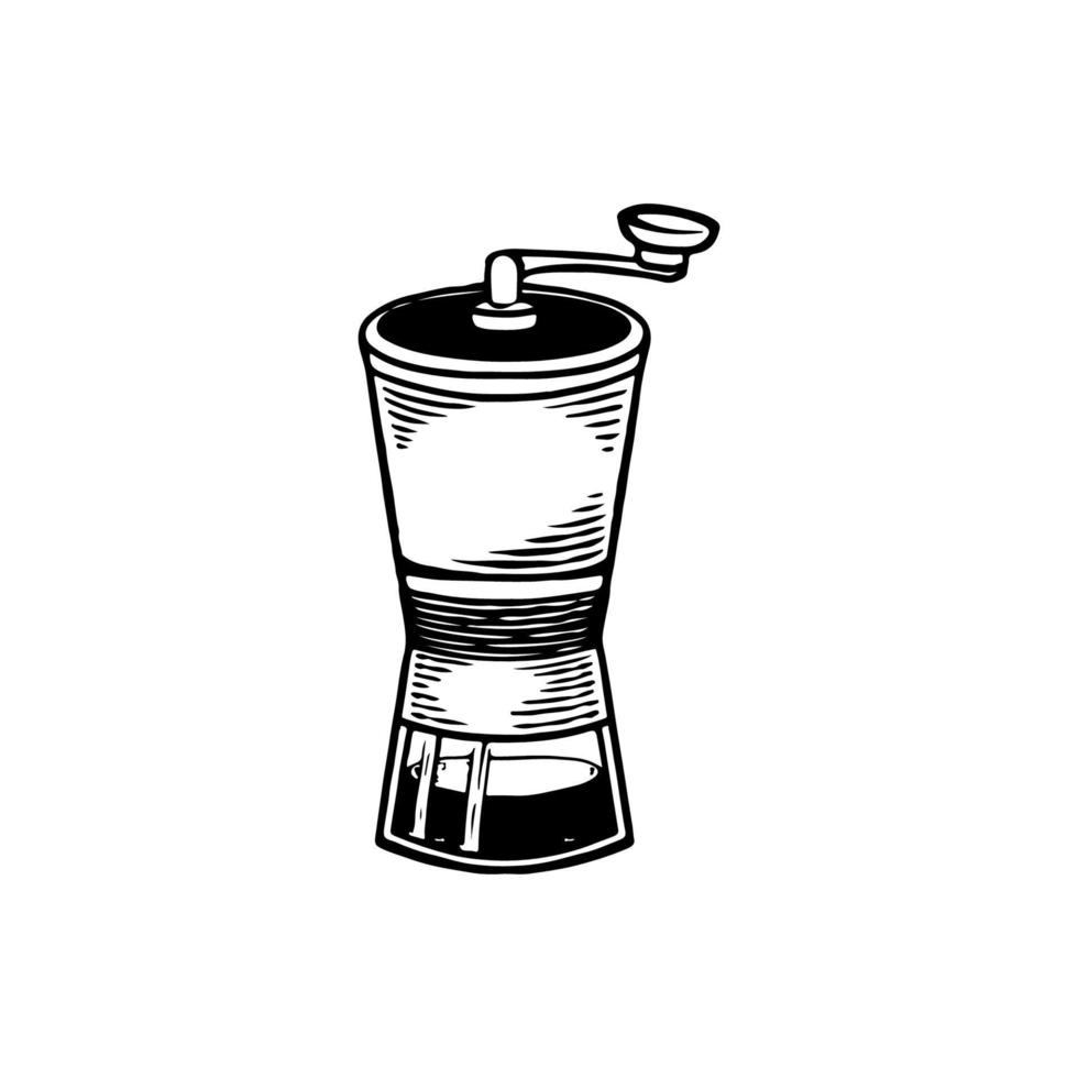 Vektor Hand gezeichnetes Design der manuellen handlichen Vintage Kaffeebohnenmühle. altes klassisches Kaffeemühlenabzeichen-Skizzenkonzept lokalisiert auf weißem Hintergrund. gravierte Stilzeichnungen.
