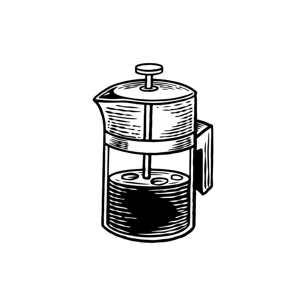 tappning handritad stil av varm kaffekanna. hushållsapparat för kokande vatten. kaffe tid koncept. moderna vattenkokare med handtag och lock isolerad på vit bakgrund. vektor illustration