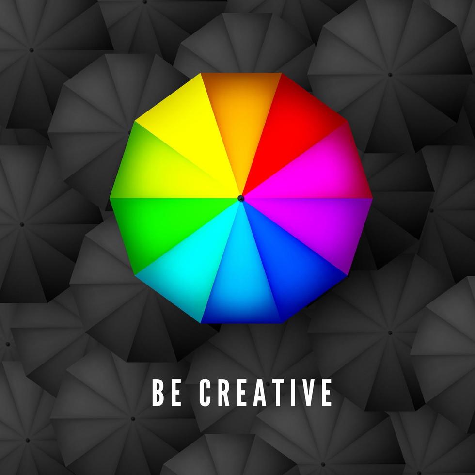 Sein kreativ und denken anders Geschäft Konzept. Regenbogen Farbe Regenschirm auf Hintergrund von schwarz Sonnenschirme. Vektor Illustration
