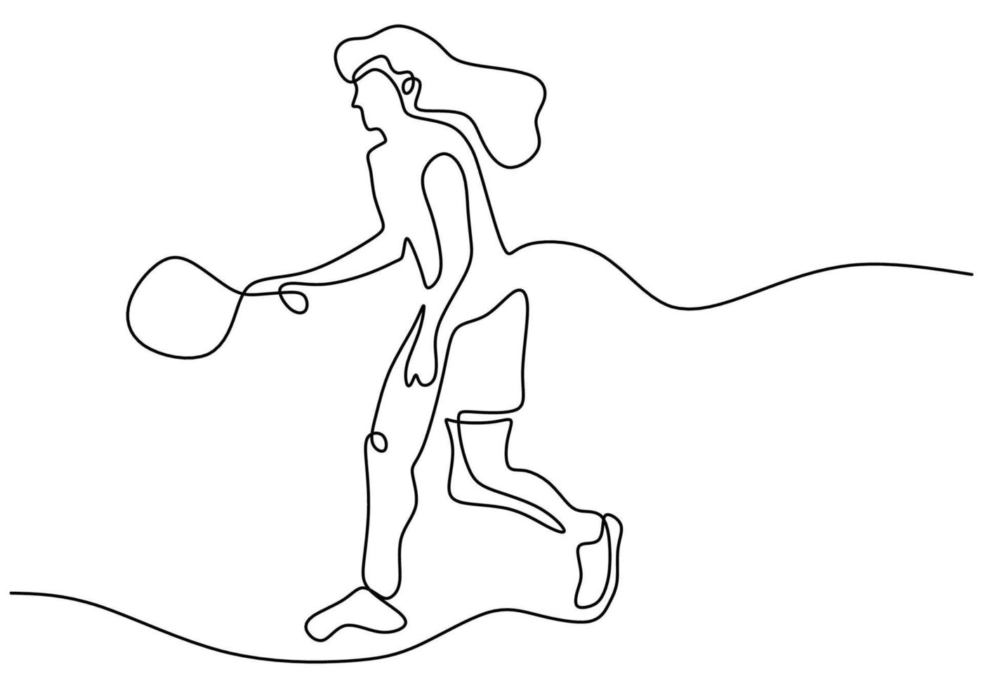 en enda linje ritning ung energisk kvinna tennisracket och redo att slå bollen isolerad på vit bakgrund. sport träningskoncept med minimalism stil. vektor skiss illustration