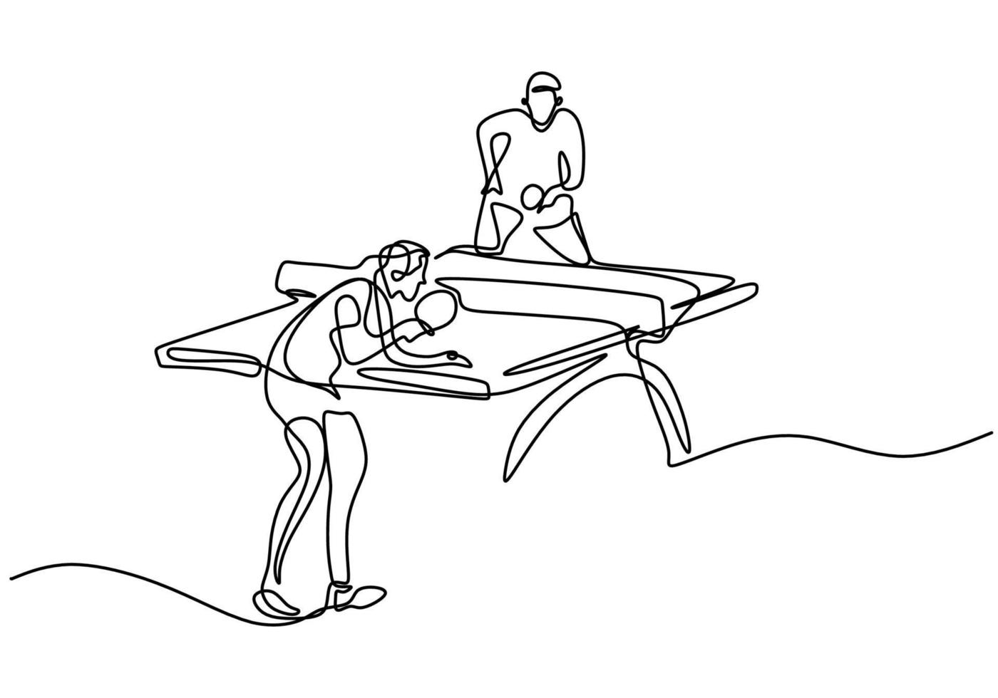 kontinuerlig linje ritning av ung glad man bordtennisspelare slog bollen. två idrottare som spelar bordtennis isolerad på vit bakgrund. tävling och sport övning koncept. vektor illustration