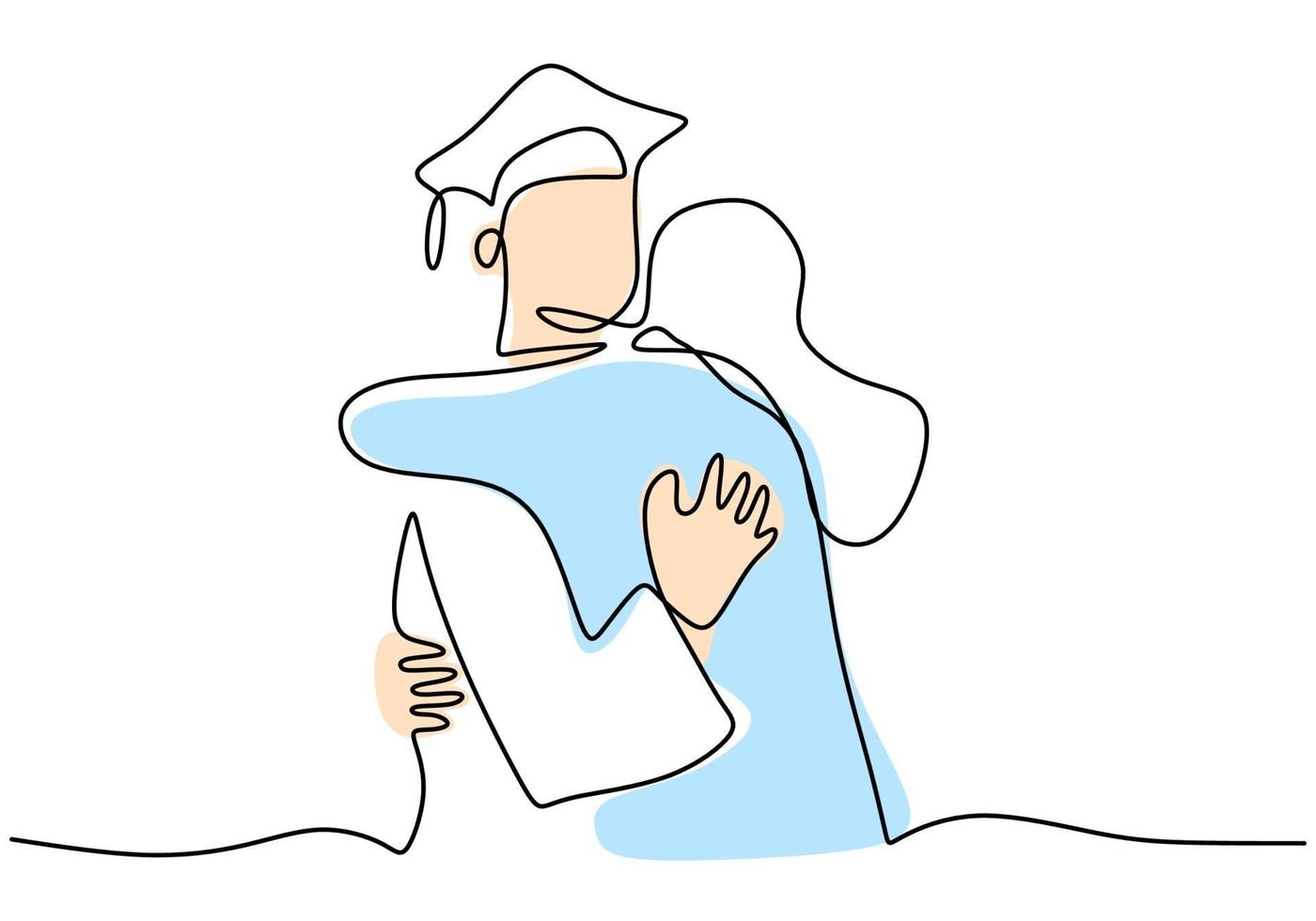 kontinuerlig linje ritning av examen män student med sin vän kramar varandra. firande ceremoni magisterexamen akademi examen design skiss disposition ritning vektorillustration vektor