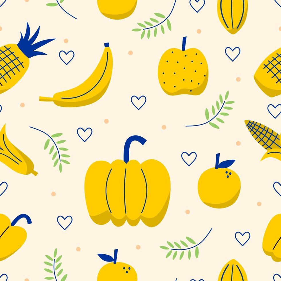 sött handritat fruktmönster, tropisk matstruktur i barnslig stil för att skriva ut tyger, tapeter, meny och omslag. banan, ananas, päron, äpple, citron, körsbär, jordgubbe, drakefrukt vektor