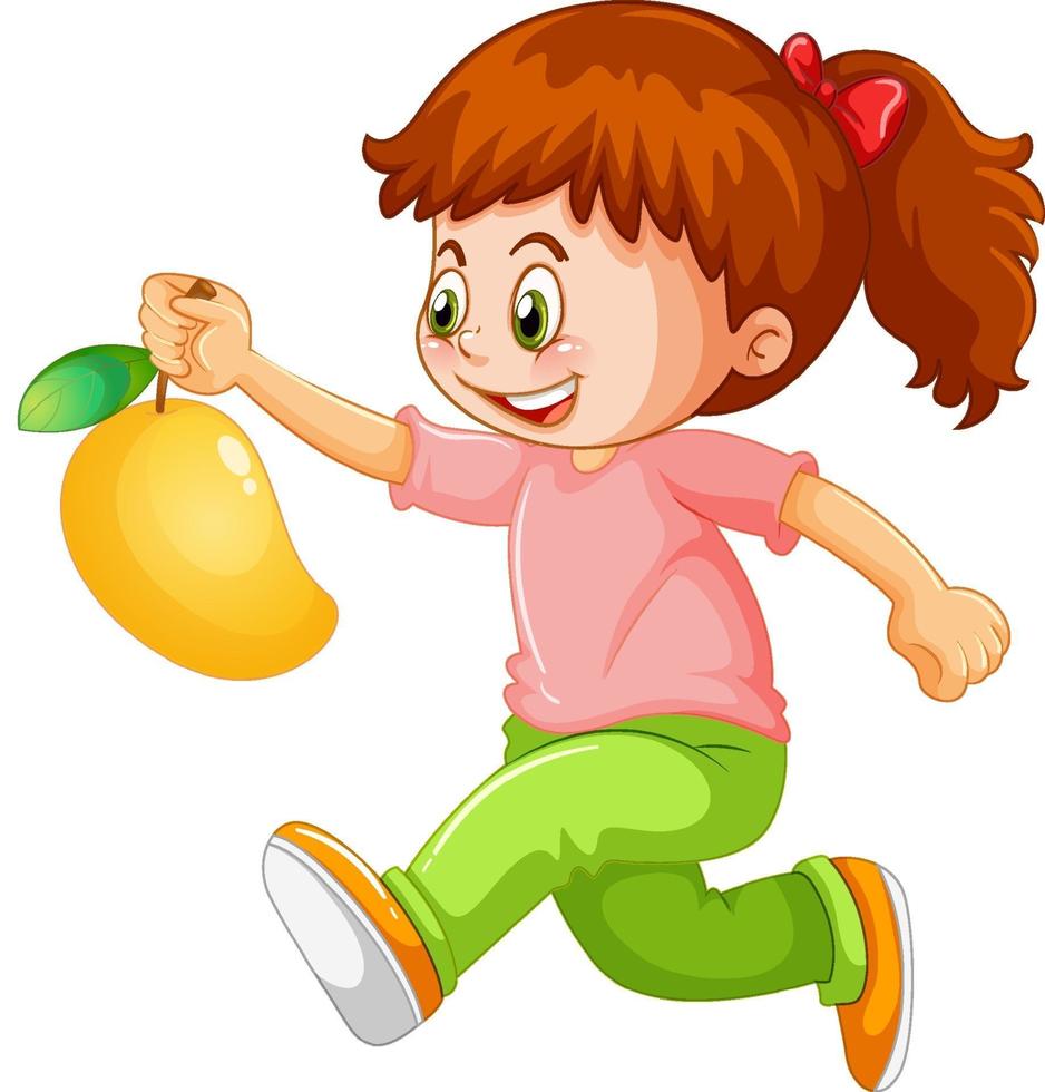 glückliche Mädchenkarikaturfigur, die eine Mango hält vektor