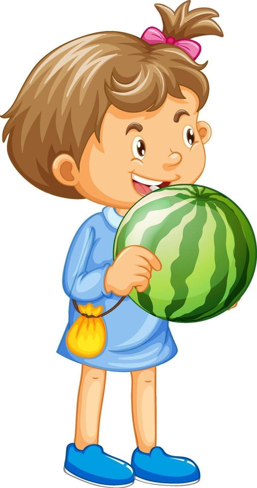en flicka som håller vattenmelonfrukttecknad karaktär isolerad på vit bakgrund vektor