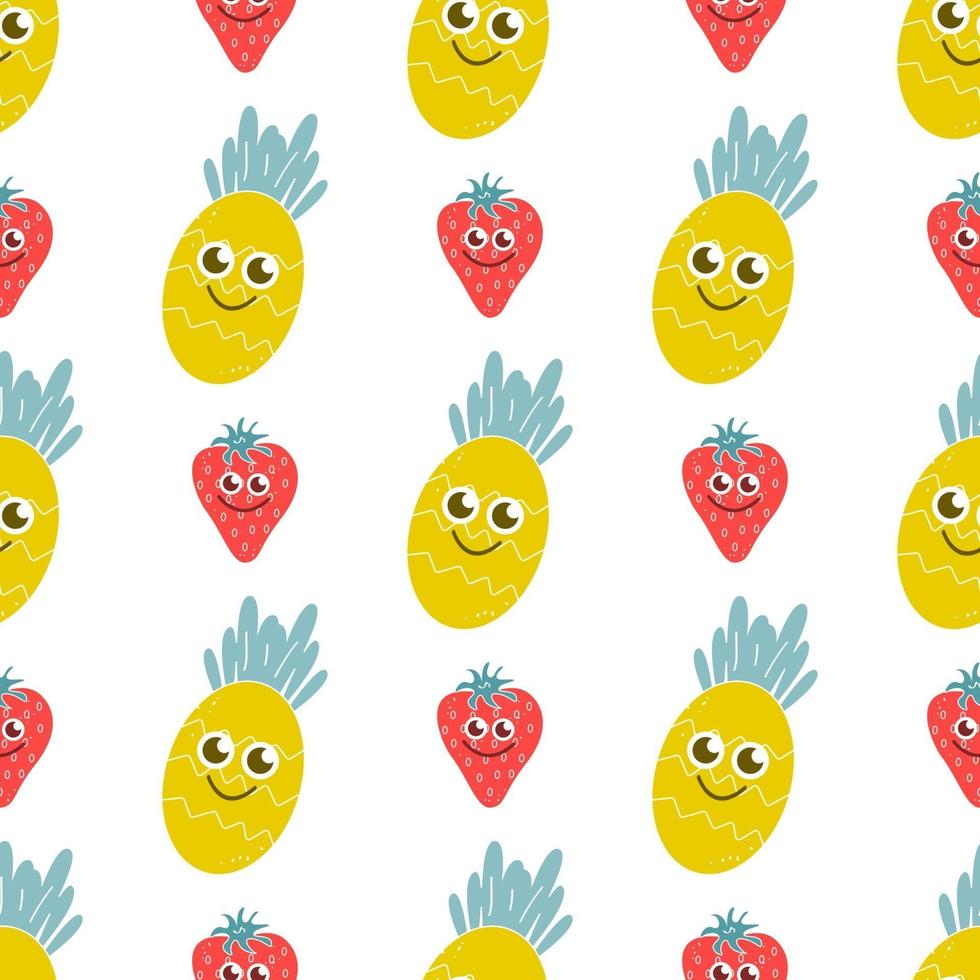 lächelnde Ananas und Erdbeere auf einem weißen Hintergrund. helles, saftiges Vektor nahtloses Muster. Kinderdekor, Obst, Beeren