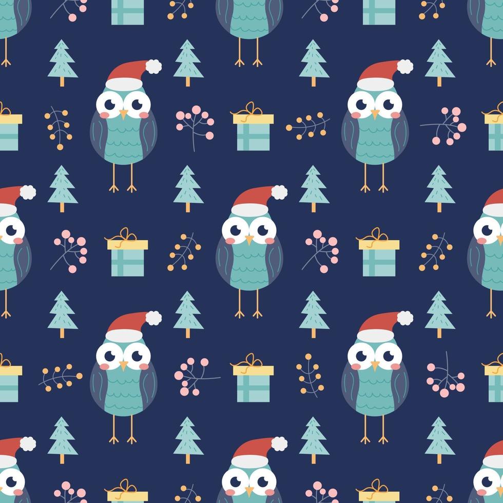 Uggla med gåvor och julgranar och andra dekorativa element på en mörkblå bakgrund. jul och nyårstryck. vektor sömlösa mönster. barns inredning