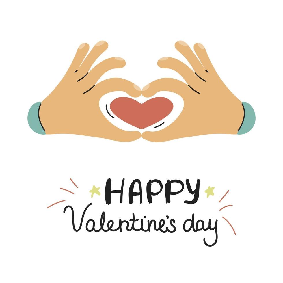 Hände zeigen ein Herz. Valentinstag Grußkarte im Doodle-Stil. Vektorillustration auf einem weißen Hintergrund vektor