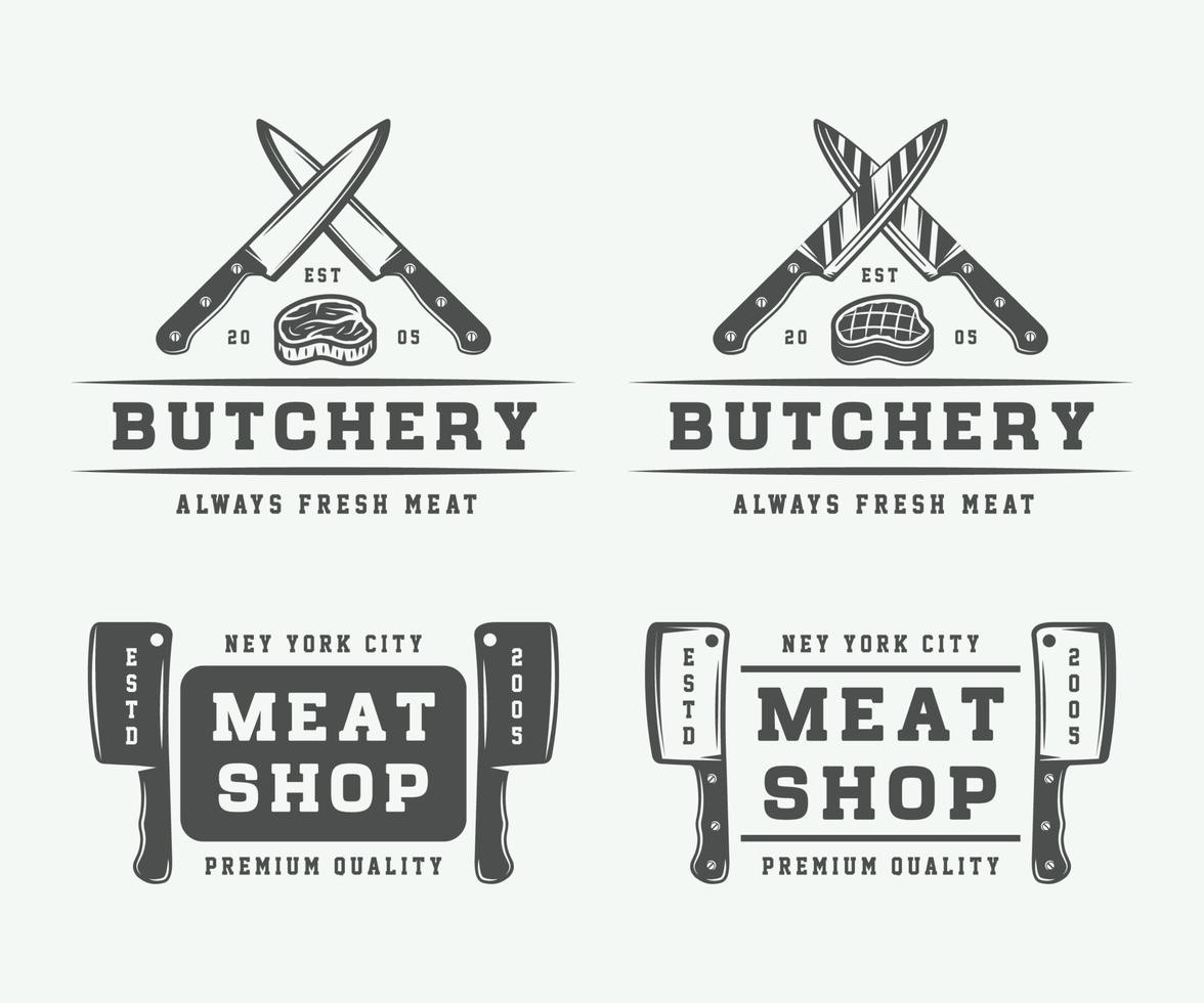 satz von vintage-metzgfleisch, steak- oder bbq-logos, emblemen, abzeichen, etiketten. monochrome Grafik. Vektor-Illustration. vektor