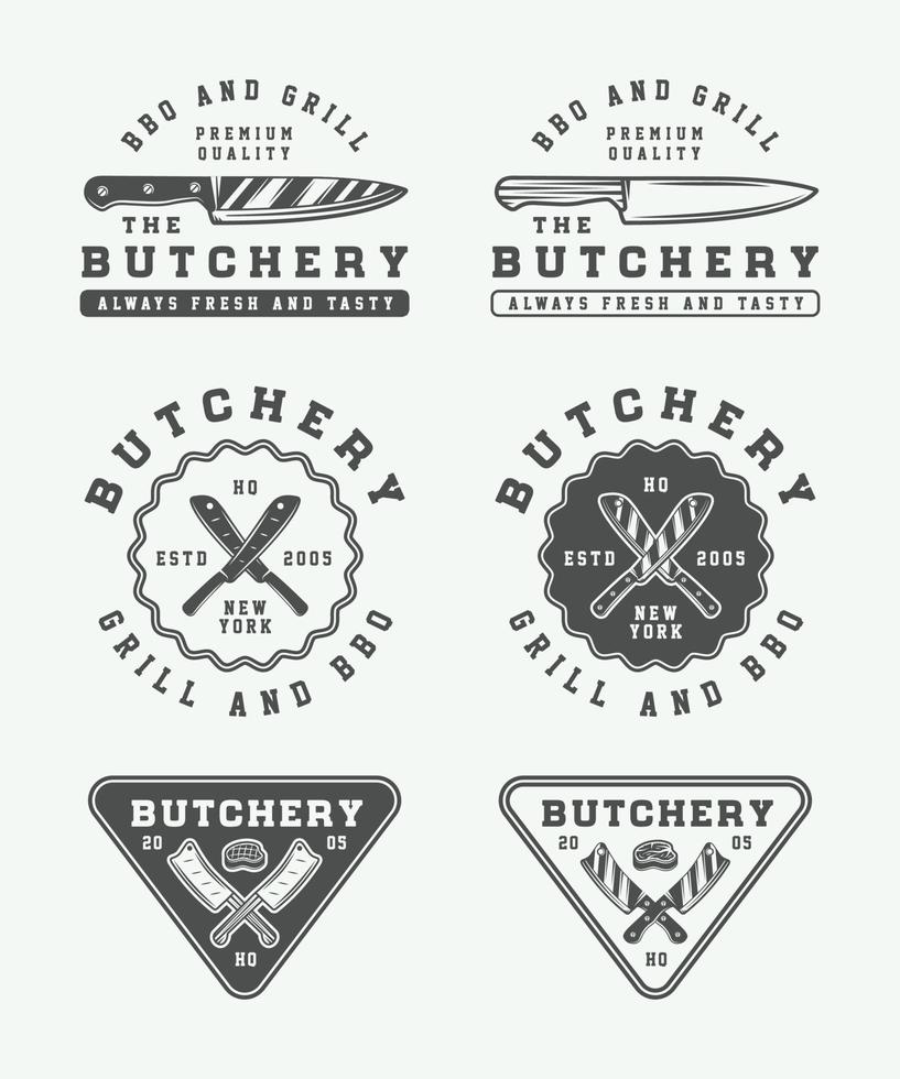 uppsättning av årgång butchery kött, biff eller bbq logotyper, emblem, märken, etiketter. svartvit grafisk konst. vektor illustration.