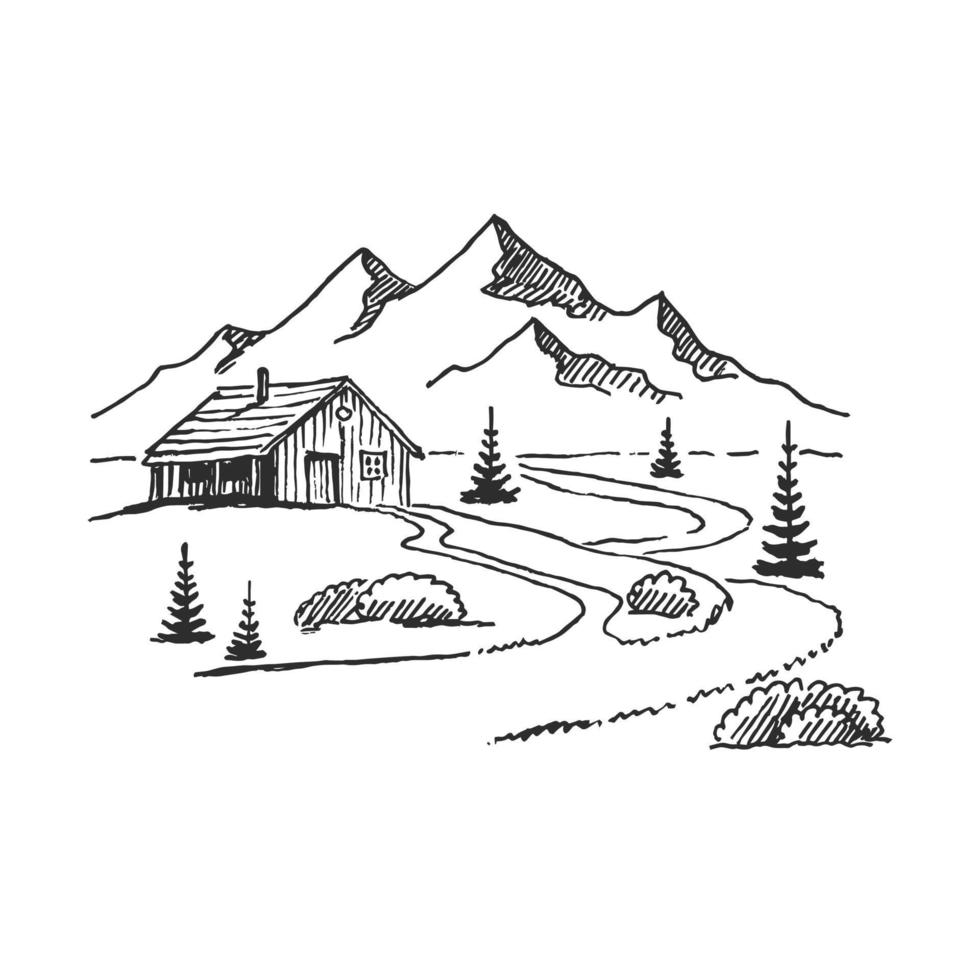 berg med tallar och hus på landet svart på vit bakgrund. handritade steniga toppar i skissstil. vektor illustration.