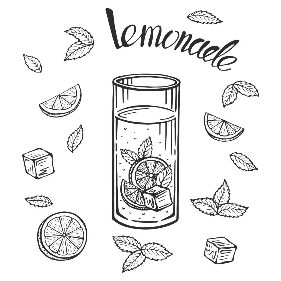 Glaskrug mit Limonade, Skizze der hausgemachten Limonade, Sommerillustration. handgezeichnete Zitrone, Zitronenscheibe, Stroh. die Inschrift auf der Limonade. vektor