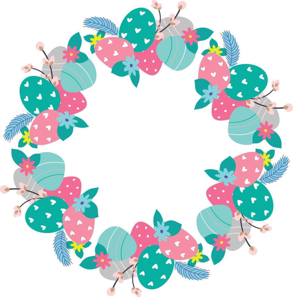 Ostern Blume Kranz . festlich Ostern Rahmen mit dekoriert Eier und Blumen und Symbole von hell Ostern vektor